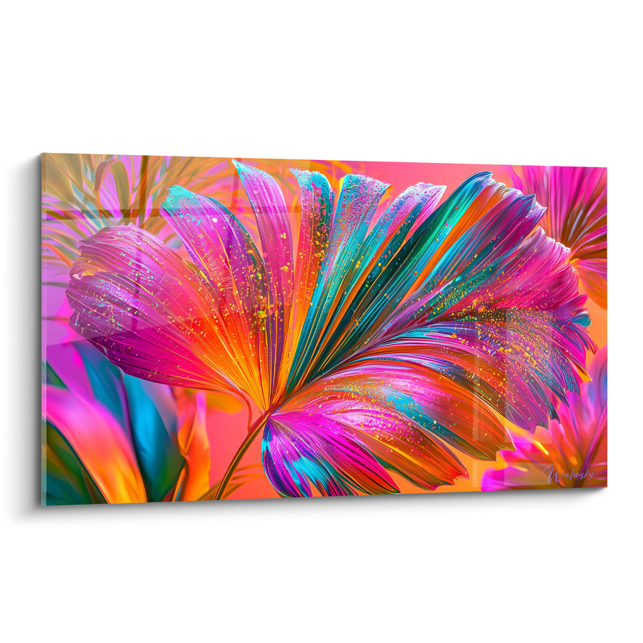 Tableau Feuille éventail rose fuchsia et turquoise électrique - Éclat tropical vibrant - Edition Feuille de palmier