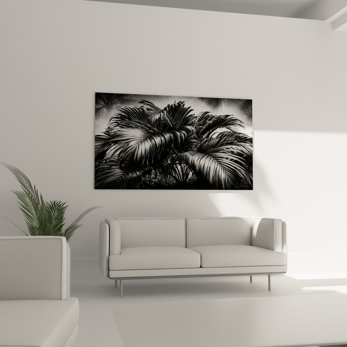 Frondes de palmier noires et grises entrelacées, disposées au-dessus d'un canapé dans un salon lumineux