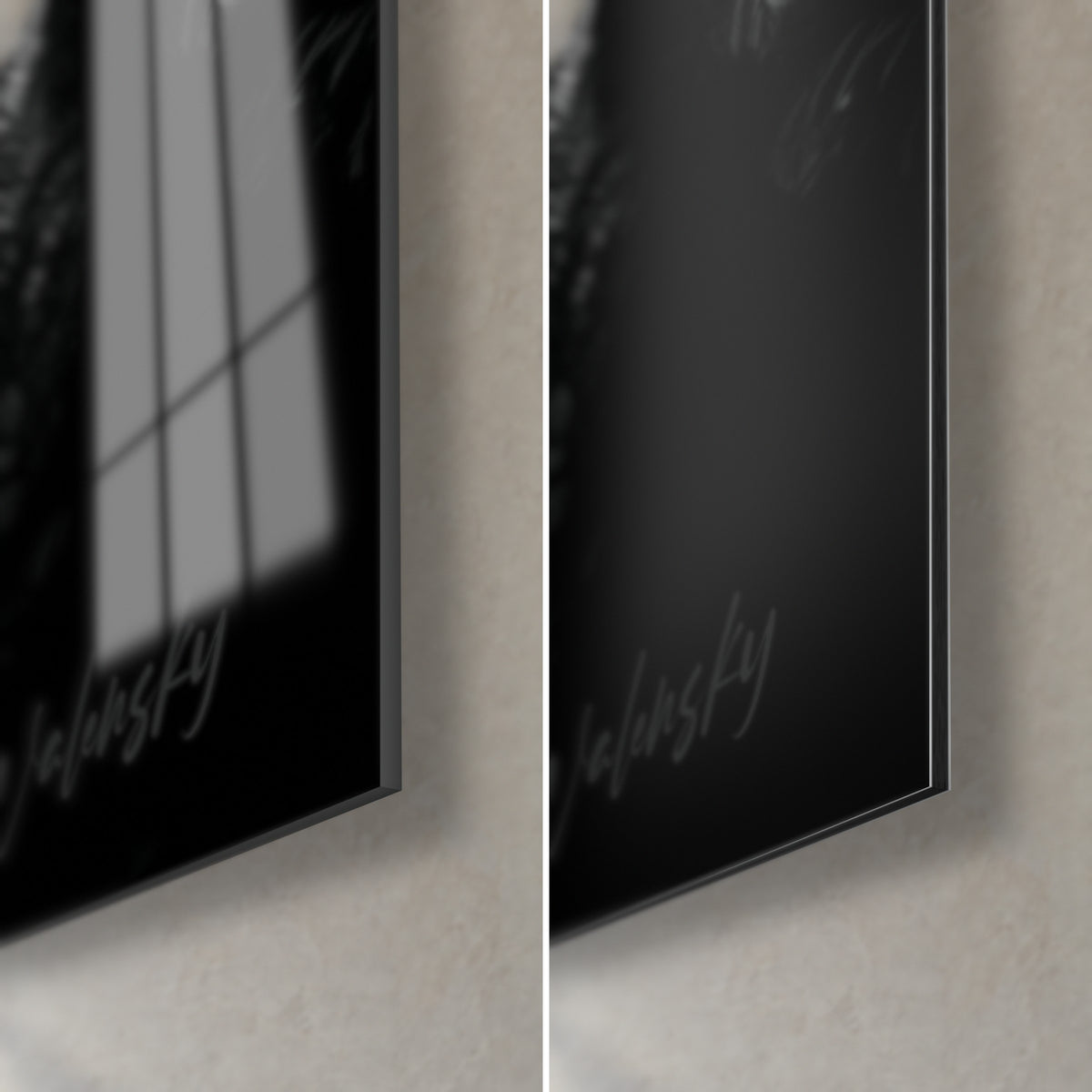 Wall art black and white tropical foliage, bottom right corner: glossy acrylic glass on the left, matt grey Dibond on the right, 3 mm black edge