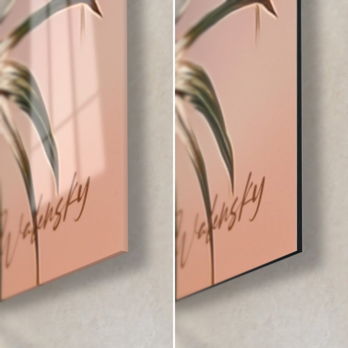 Wall art with dark green palm and peach pink, bottom right corner: glossy acrylic glass on the left, matte Dibond aluminium on the right, 3 mm edge