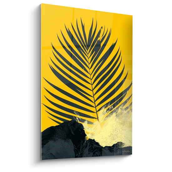 Tableau Feuille de palmier anthracite sur fond jaune - Éclaboussure tropicale - Edition Feuille de palmier