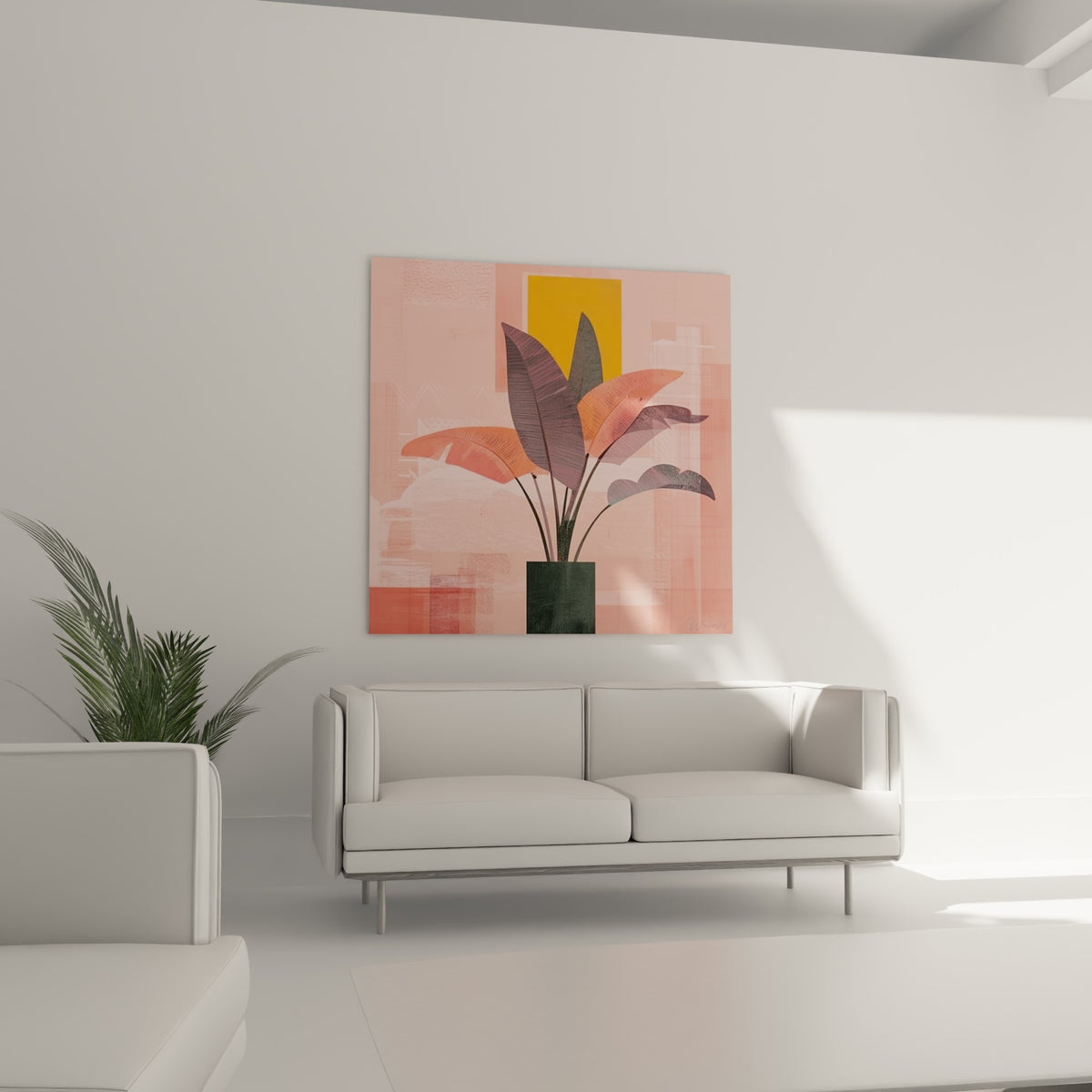 Plante illustrée rose et jaune moutarde suspendue au-dessus d'un canapé dans un salon lumineux