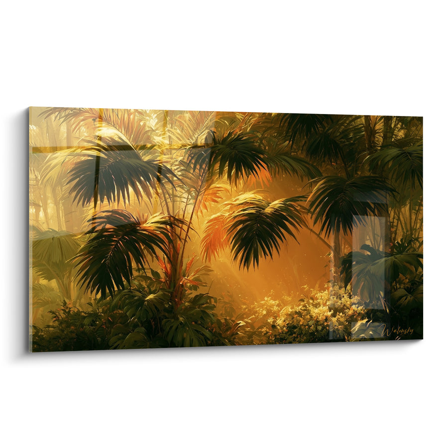 Tableau Jungle tropicale aux teintes vertes et dorées - Éveil de la jungle - Edition Feuille de palmier