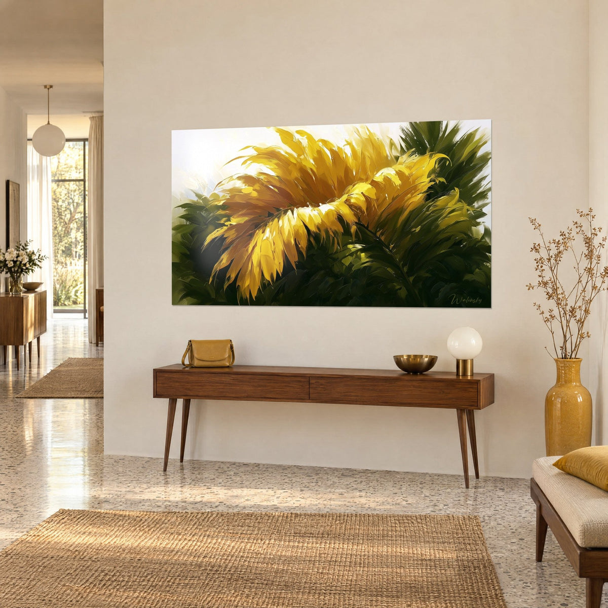 Wall art fan of ochre and lemon leaves on a forest green background, thick brushstrokes, above a wooden console, 1950s house