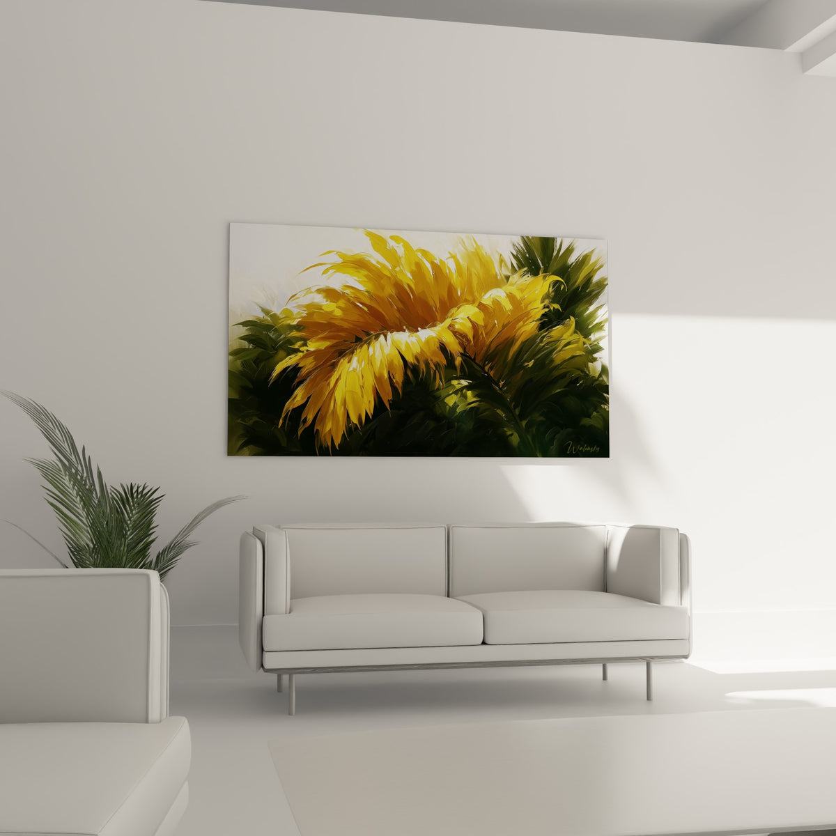 Feuillage doré et vert profond en larges touches picturales, au-dessus d'un canapé dans un salon lumineux