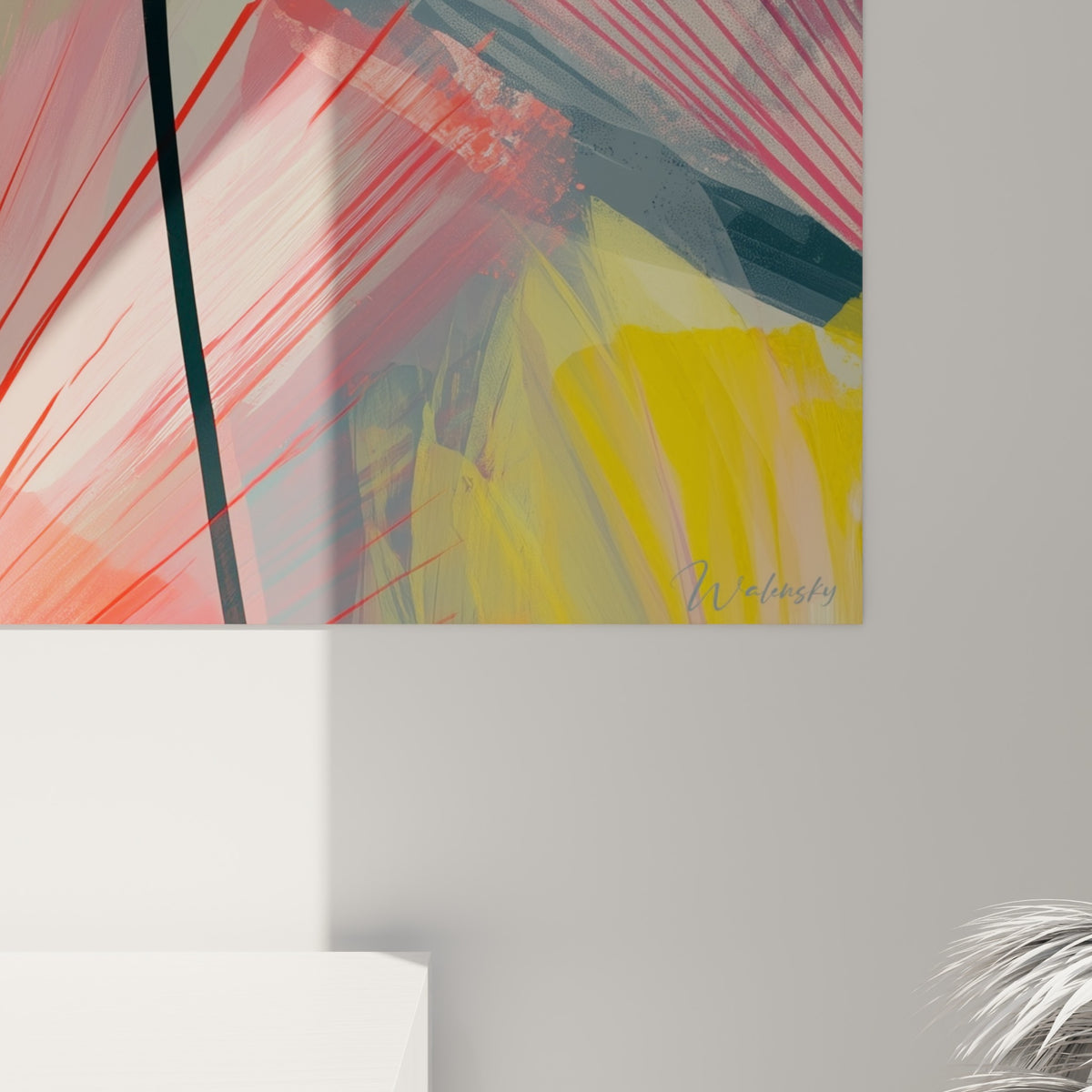 Détail des fines nervures peintes en jaune, corail et gris anthracite, texture et empâtements visibles de près