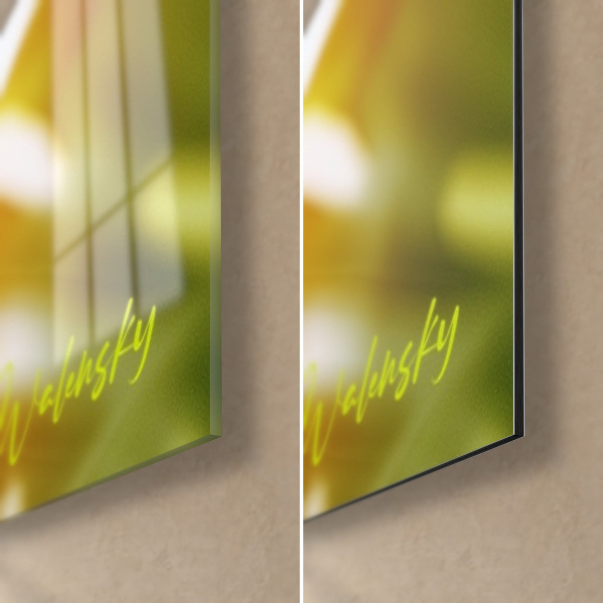 Wall art palm leaf in olive green and amber, bottom-right corner of glossy reflective glass and matte black Dibond, 3 mm thick