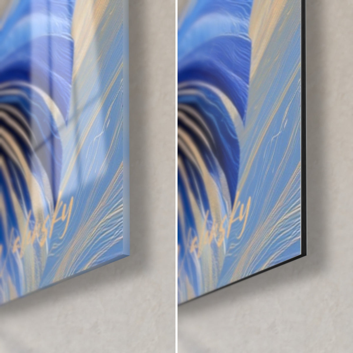 Gemälde Palmenblätter in Kobaltblau, Ecke unten rechts: glänzendes Acrylglas links, mattschwarzes Alu-Dibond rechts