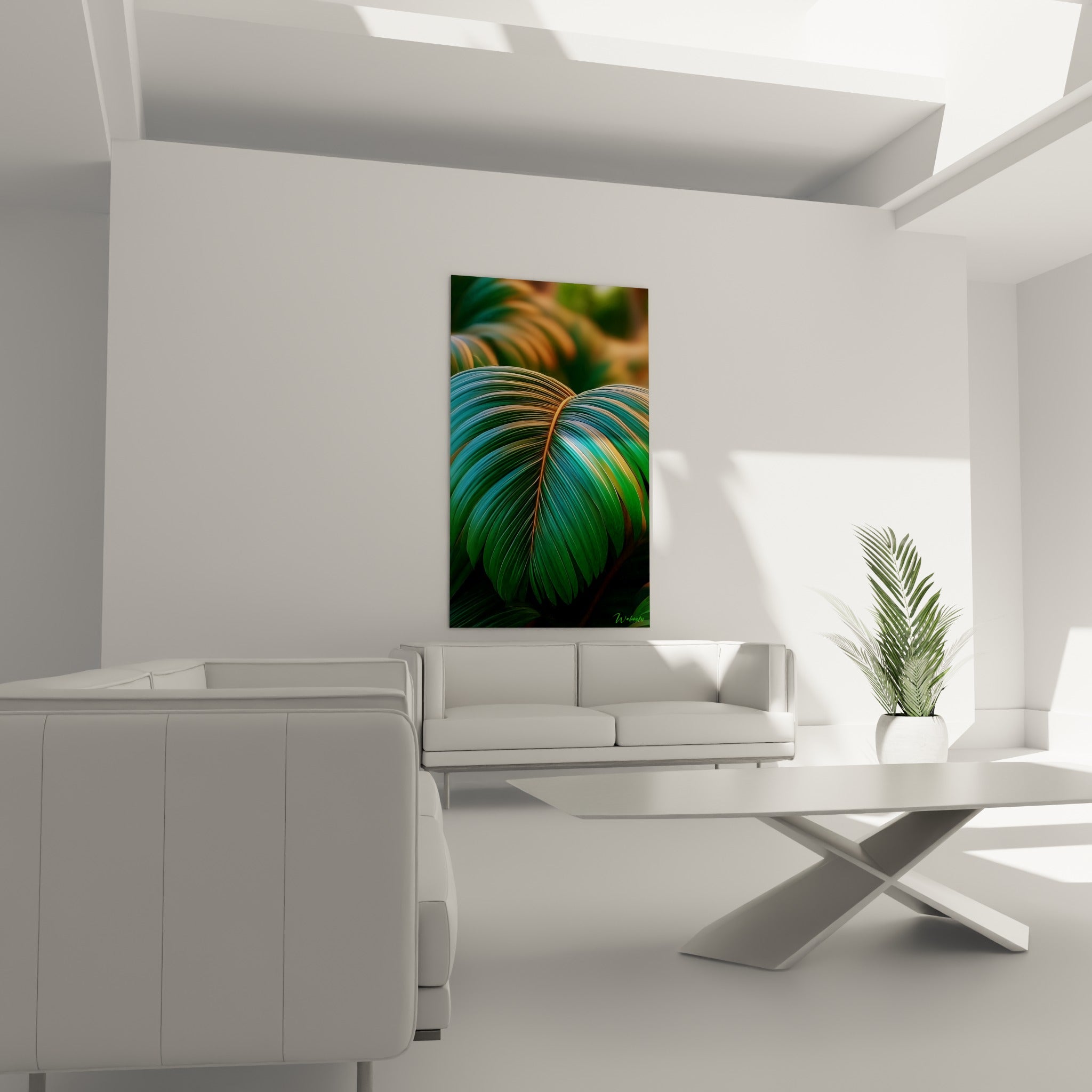Nervures dorées sur fond vert et turquoise déployées au-dessus d'un canapé dans un salon lumineux