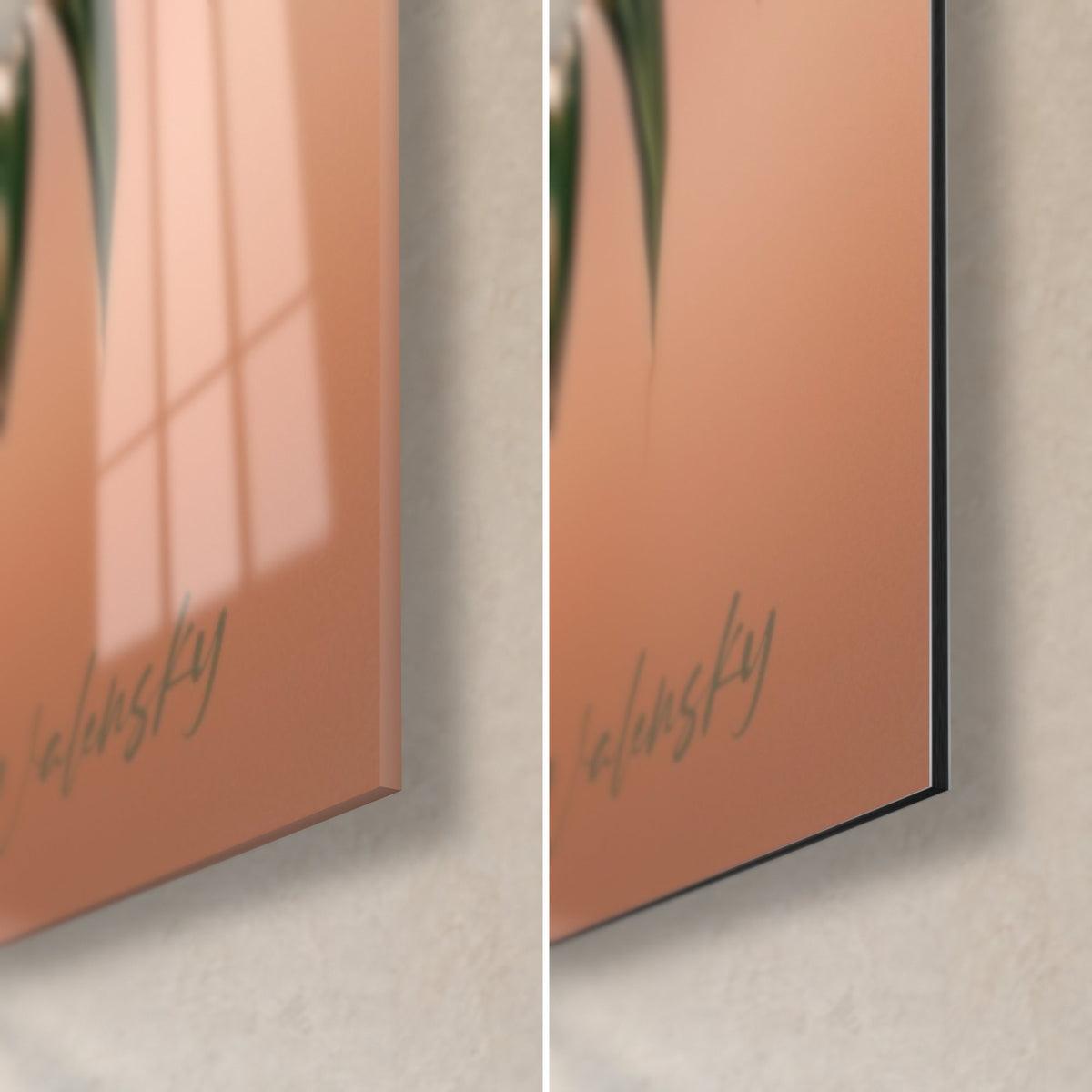 Wall art deep green palm frond on salmon background, bottom right corner in glossy glass and matte Dibond, 3 mm thickness