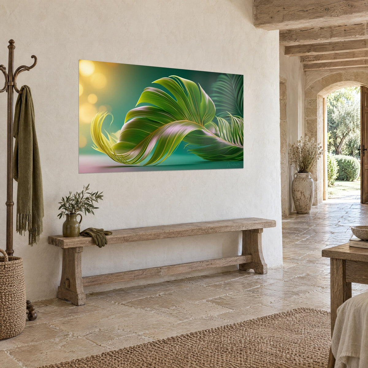 Wall art with twisted fern in apple green and pale pink, yellow bokeh top left, on a plastered wall of a stone country house