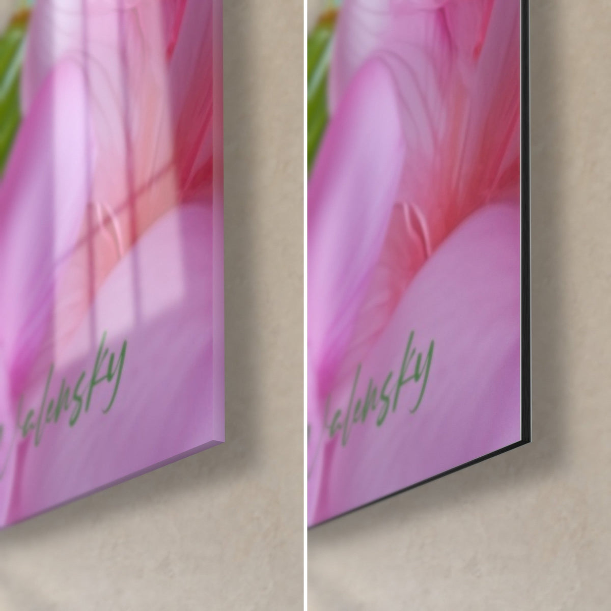 Wall art with a palm leaf, bottom right corner: glossy pink petals under glass on the left, 3 mm edge and matte Dibond on the right