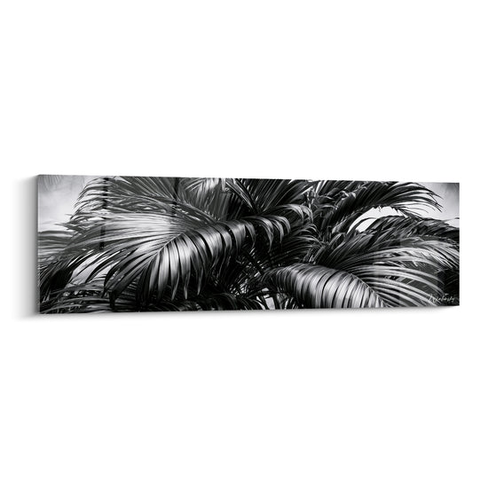 Feuilles de palmier en noir et blanc, texture argentée et anthracite, composition dense et graphique