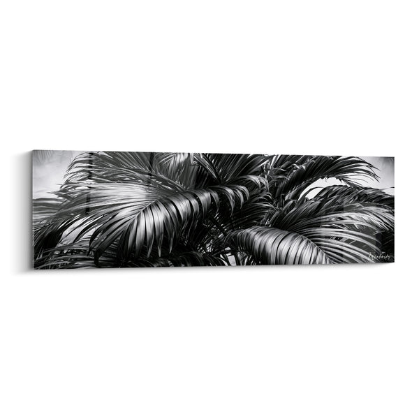 Leinwand Palme schwarz-weiß mit dichtem Blätterwerk - Dschungel im Chiaroscuro - Edition Palmblatt