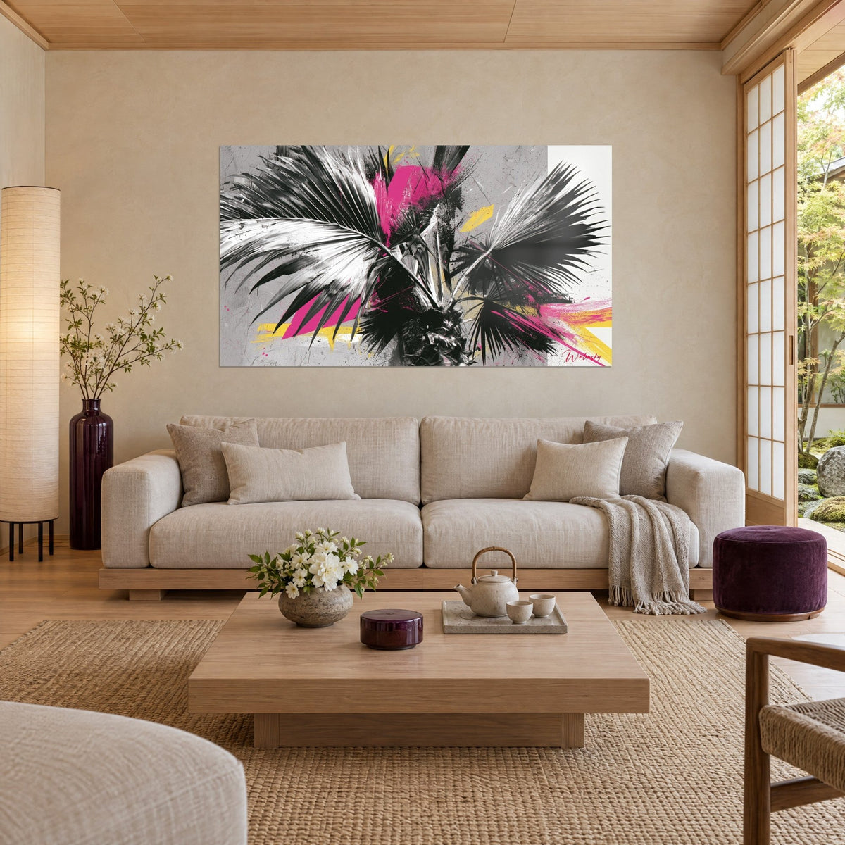 Wall art palm fronds bursting into black and white leaves, fuchsia and lemon yellow splashes, above a sofa in a bright living room