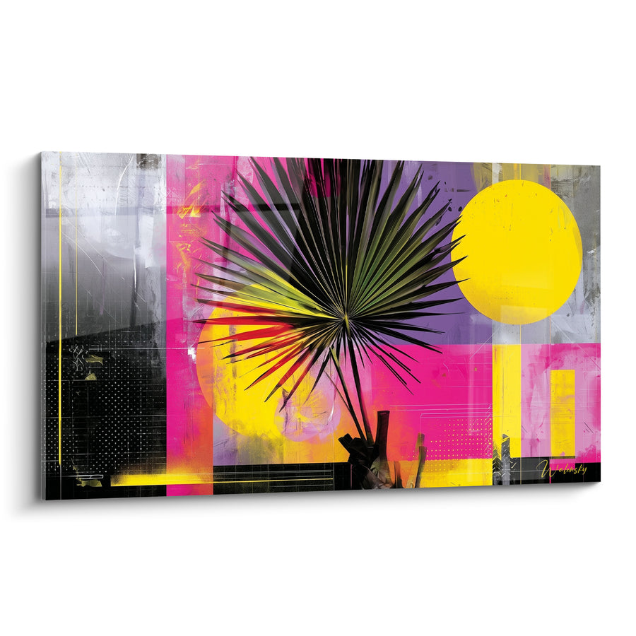 Tableau Feuille éventail noire sur fond rose et jaune - Éclat tropical urbain - Edition Feuille de palmier