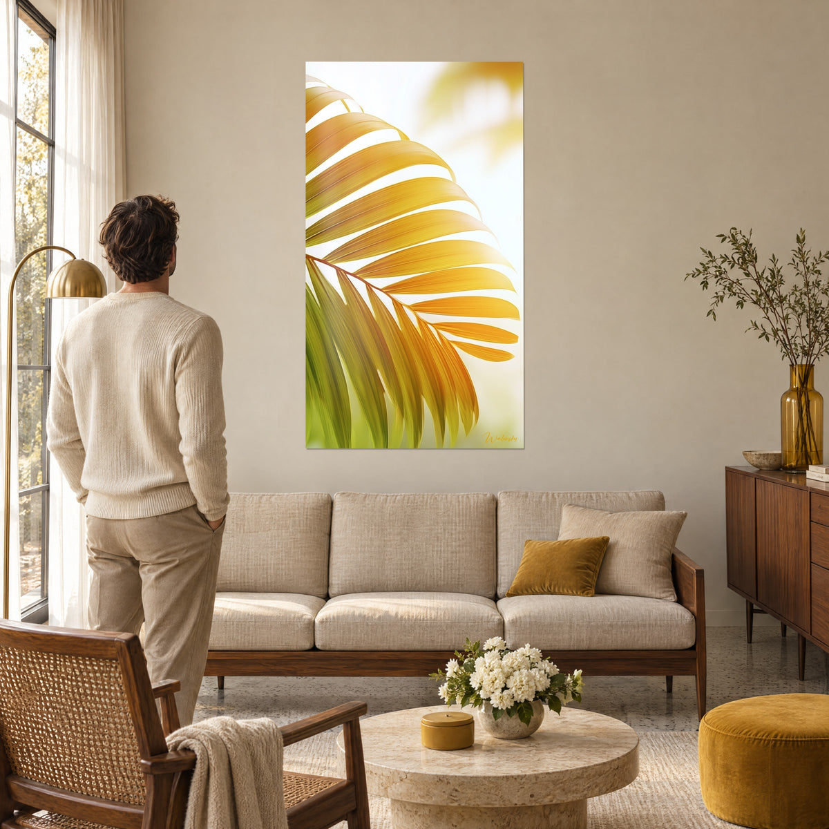 Tableau palme dorée aux folioles ambre et vert tendre, rachis cuivré, un homme de dos, au-dessus d'un canapé dans un salon lumineux