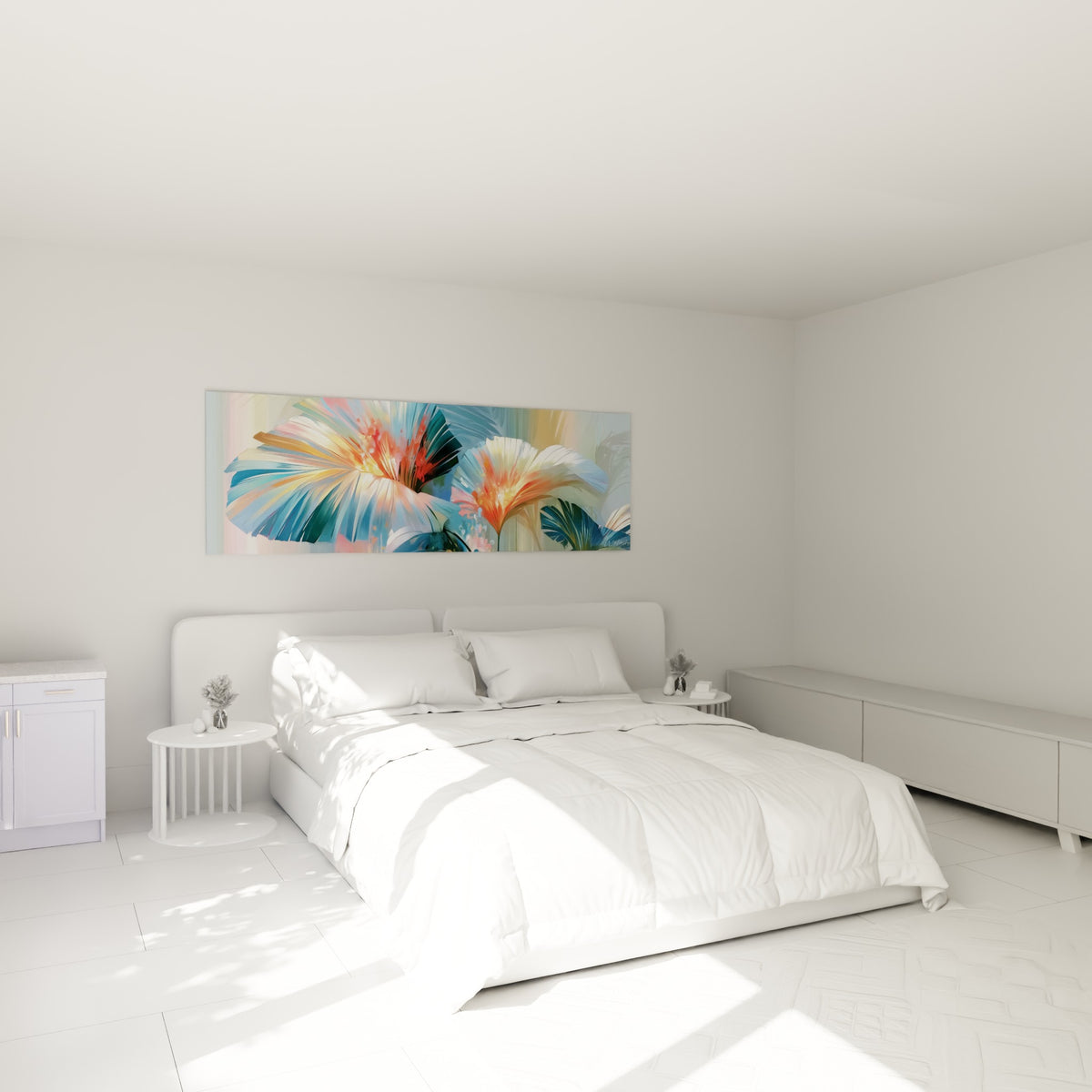 Feuilles de palmier bleu pastel et ocre accrochées au-dessus d'un lit dans une chambre claire