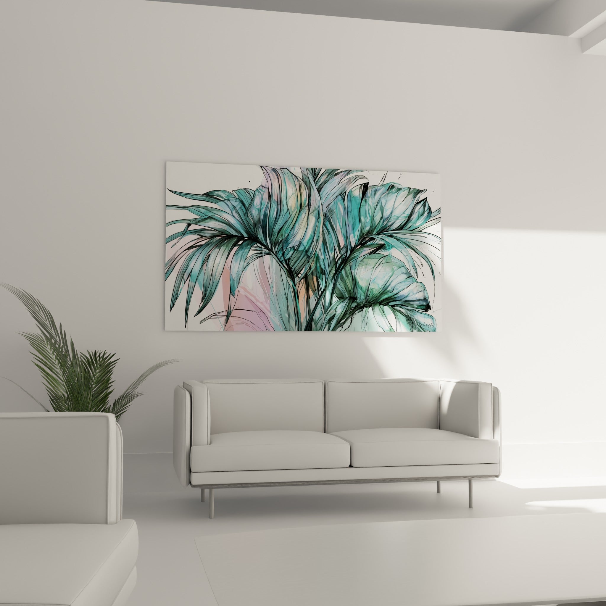 Palmes graphiques turquoise et ocre déployées au-dessus d'un canapé dans un salon lumineux