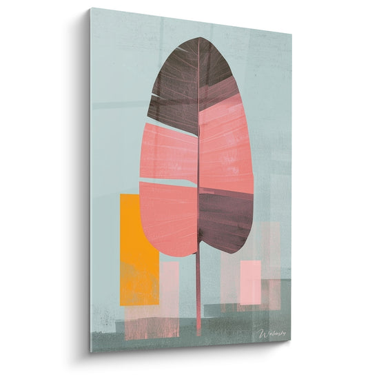 Tableau Feuille rose et prune sur rectangle jaune - Composition graphique pastel - Edition Feuille de palmier