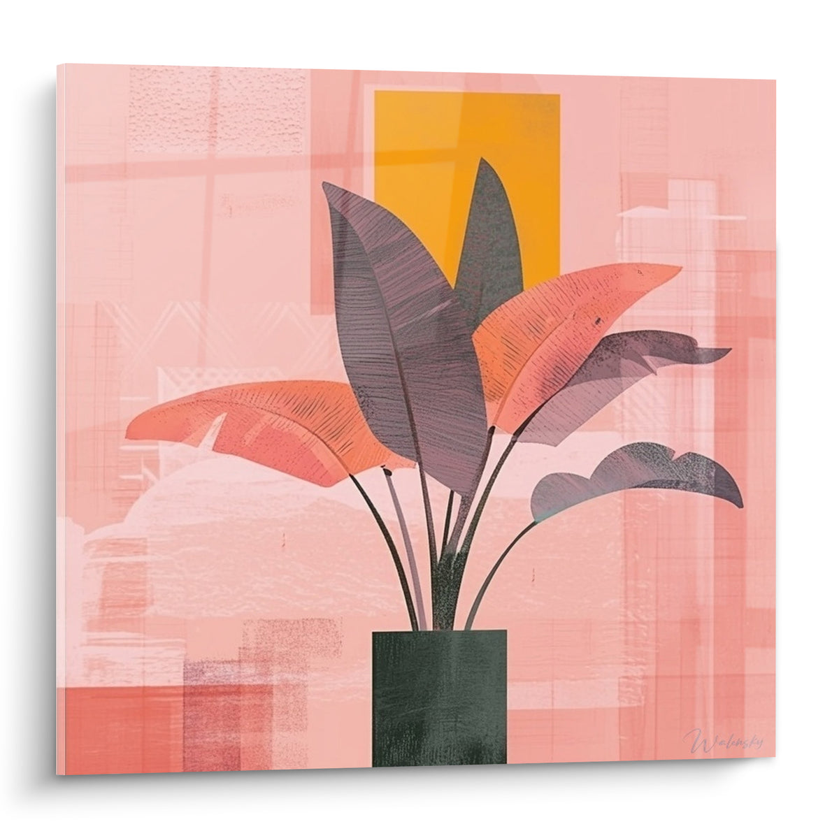 Feuille de palmier stylisée rose corail et anthracite dans un vase vert sur fond rose texturé
