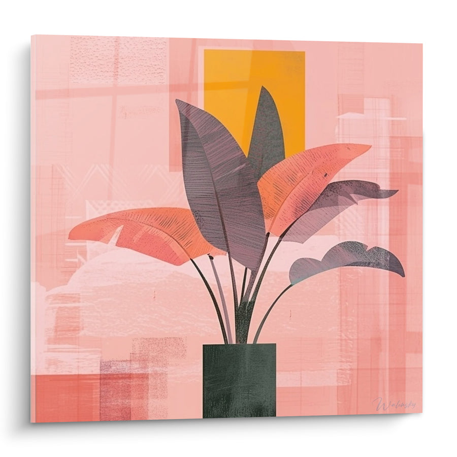 Tableau Plante rose et anthracite au vase vert - Douceur graphique - Edition Feuille de palmier
