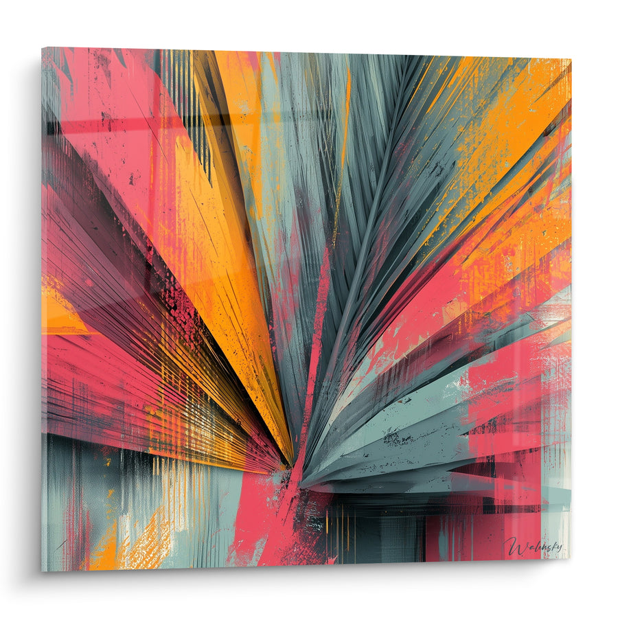 Tableau Feuille éventail rose et orange vif - Explosion tropicale - Edition Feuille de palmier