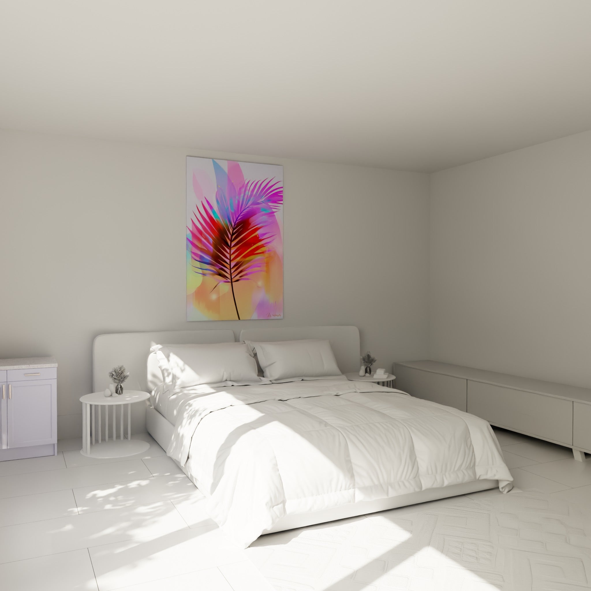 Palmier stylisé rose et doré, tige noire graphique, au-dessus d'un lit dans une chambre claire