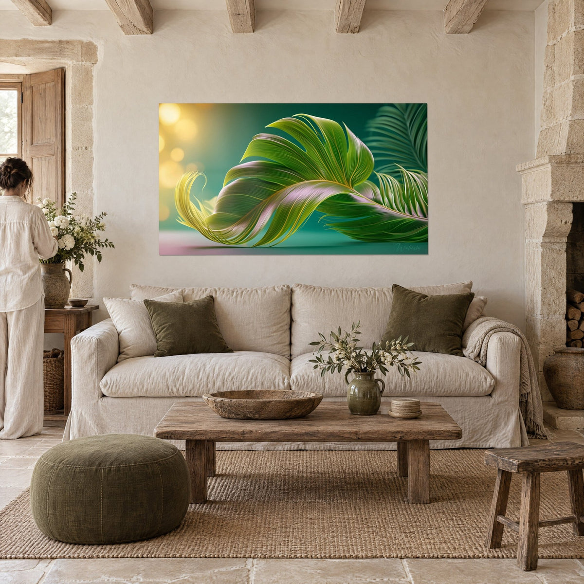 Wall art with lush green palm and pink swirls, blurred golden glow on teal background, above a sofa in a bright living room