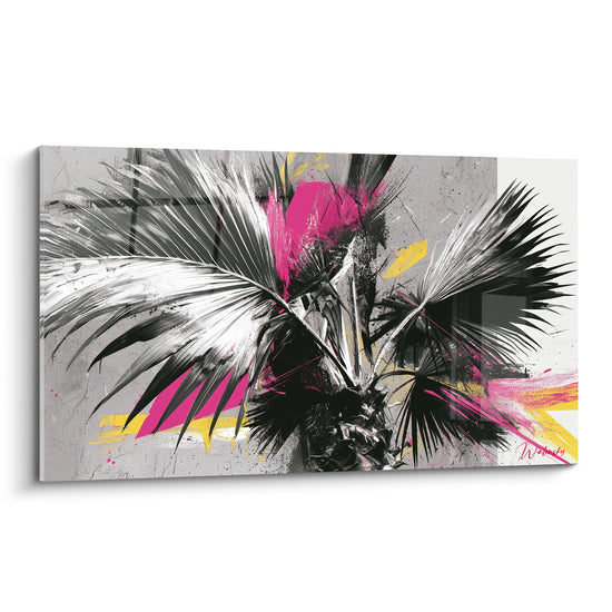 Feuille de palmier noire aux éclats roses et jaunes sur fond gris texturé, traitement graphique intense