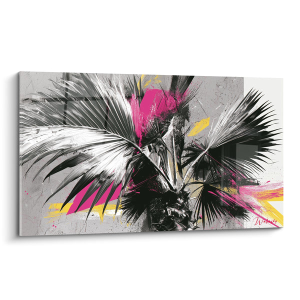 Tableau Palmier noir et blanc aux éclats roses - Éruption tropicale - Edition Feuille de palmier
