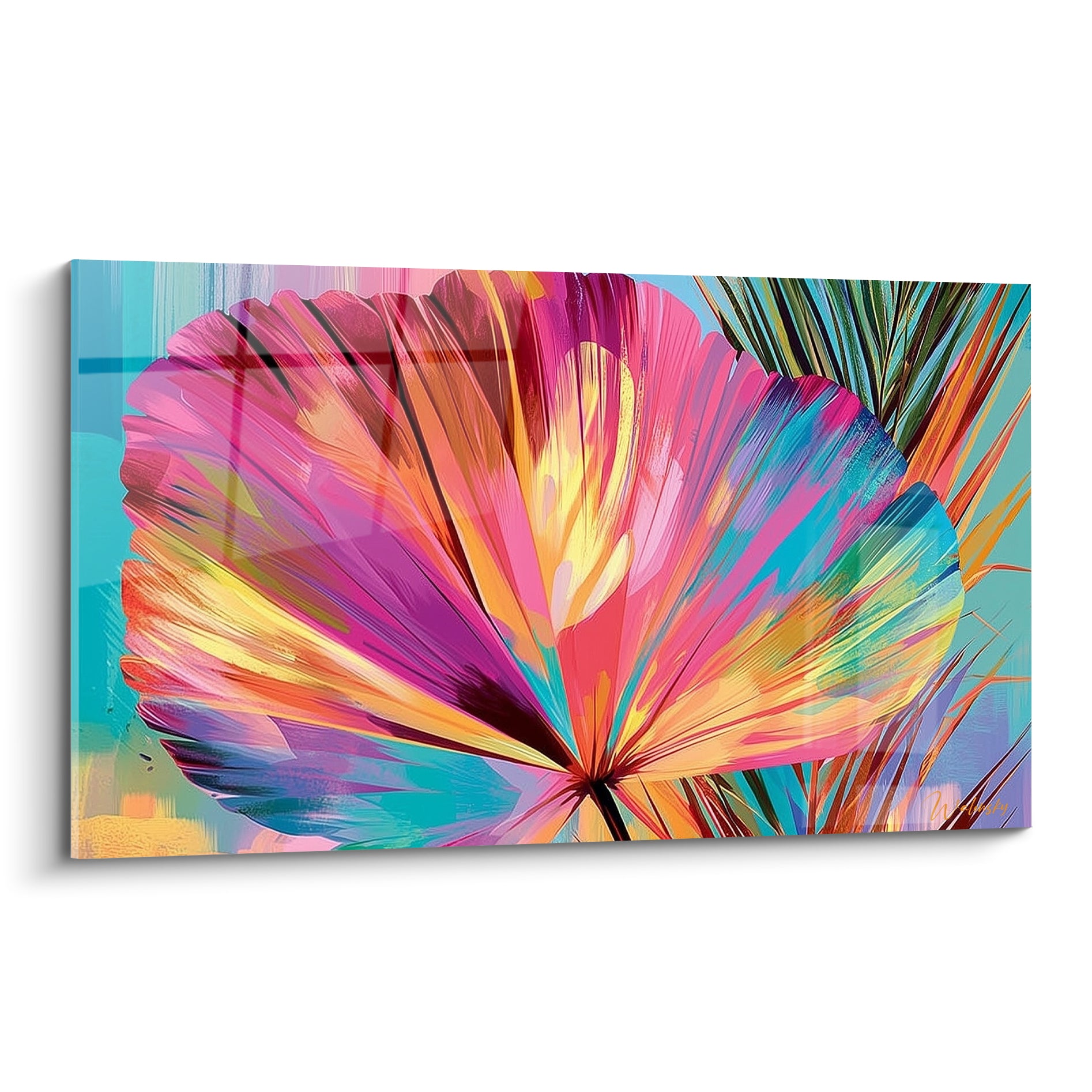 Feuille de palmier stylisée en éventail rose fuchsia et turquoise sur fond tropical peint