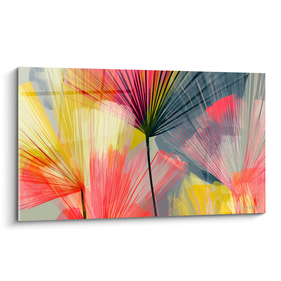 Tableau Feuilles éventail rouge et jaune sur fond gris - Éventail multicolore éclaté - Edition Feuille de palmier