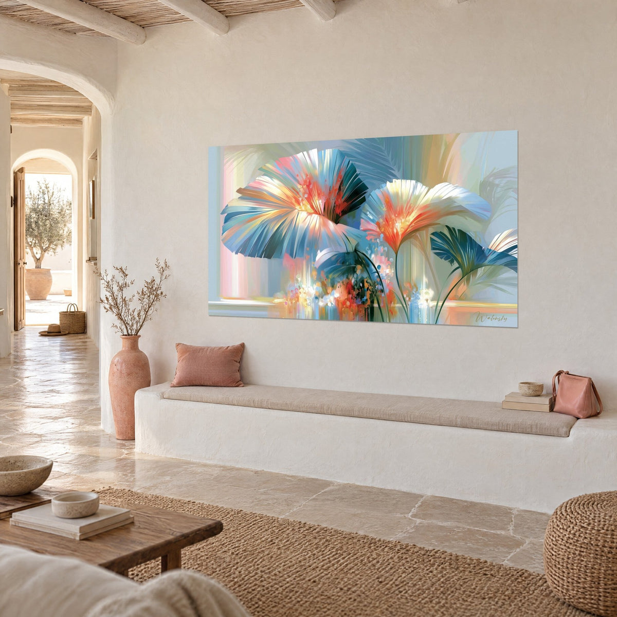 Wall art large pleated blooms in sky blue and orange, soft pink and sage background, above a white bench in a Mediterranean home