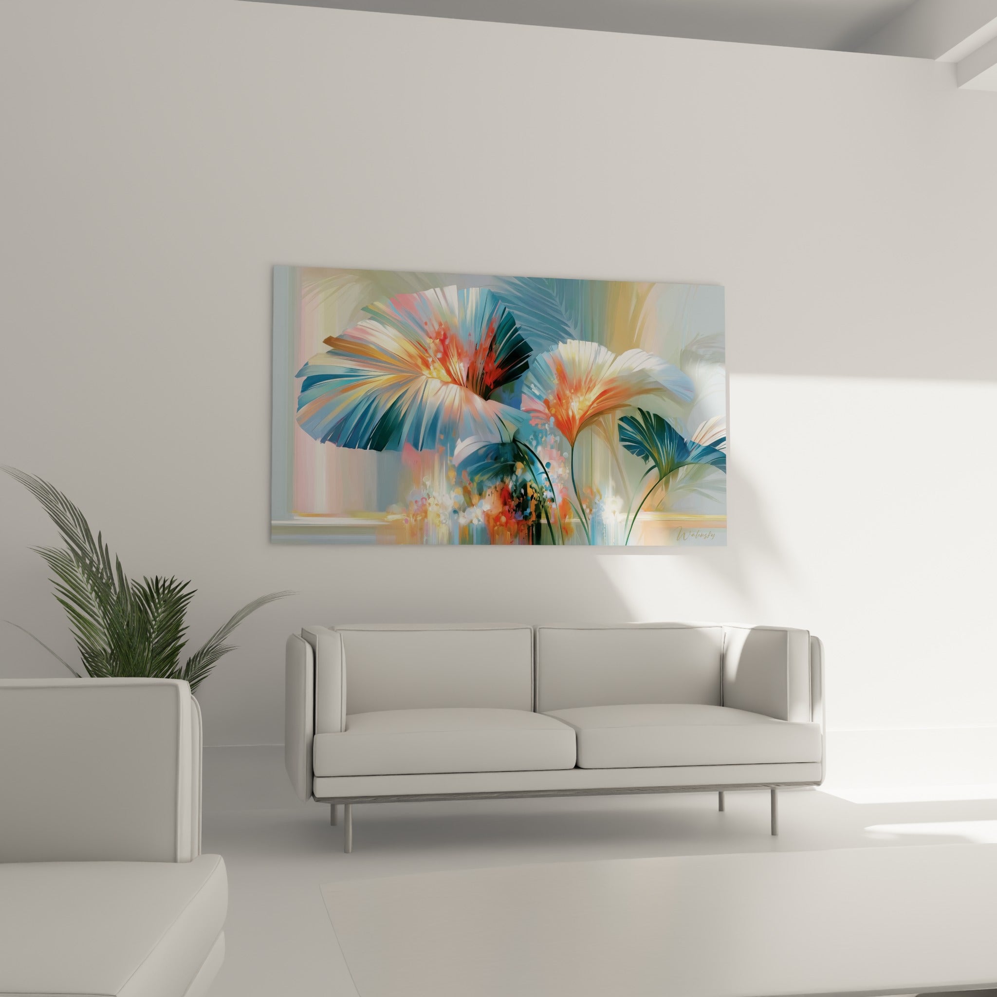 Feuilles tropicales dorées et turquoise au-dessus d'un canapé dans un salon lumineux