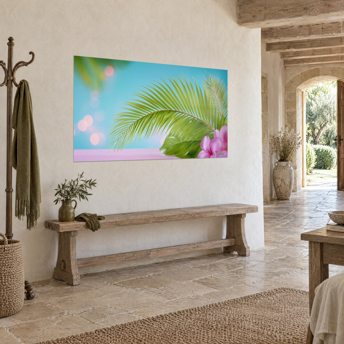 Wall art with anise-green palm fronds on a lagoon blue background, pink hibiscus, hung on a lime-washed wall beside a stone arch