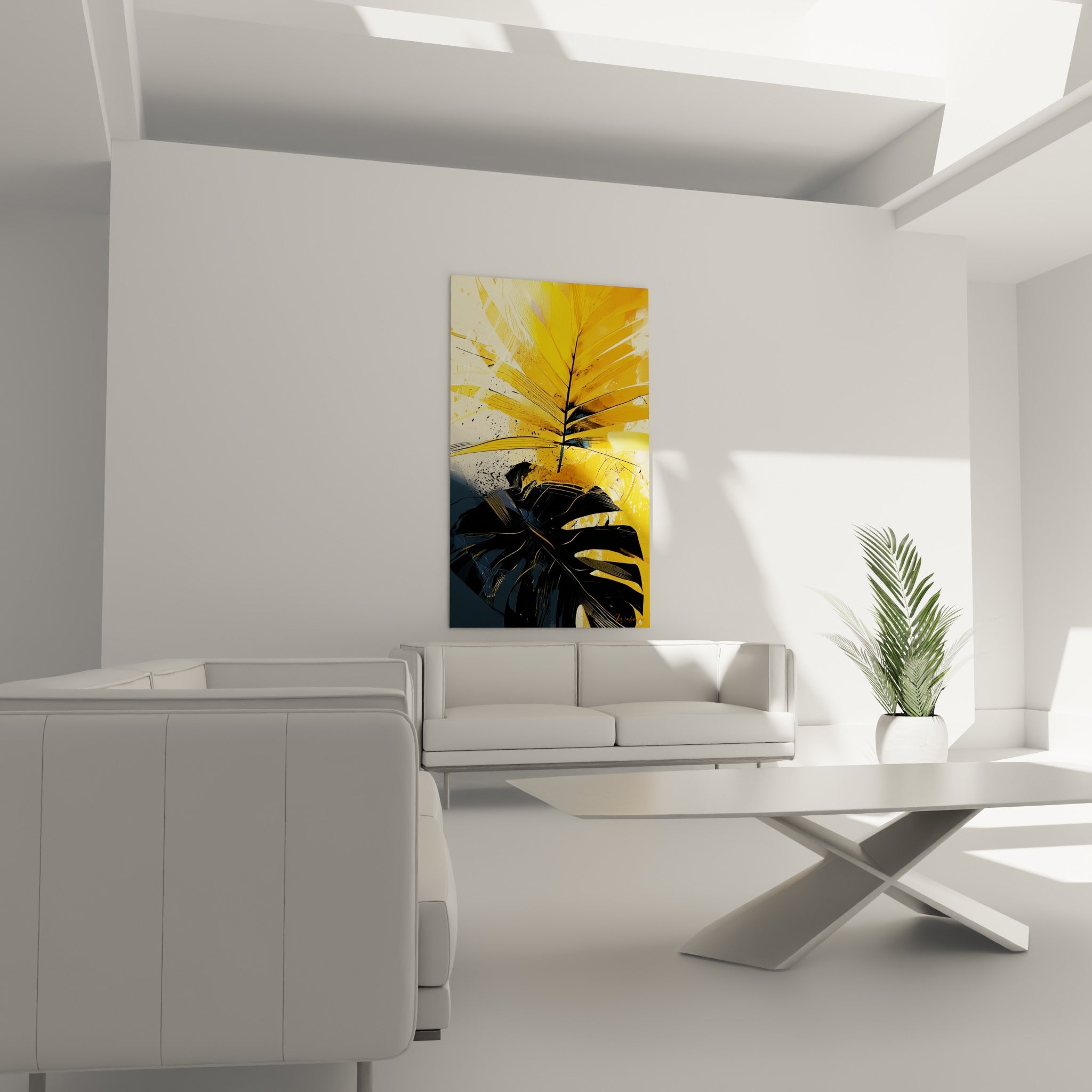 Feuillage tropical doré et anthracite aux nervures graphiques, disposé au-dessus d'un canapé dans un salon lumineux