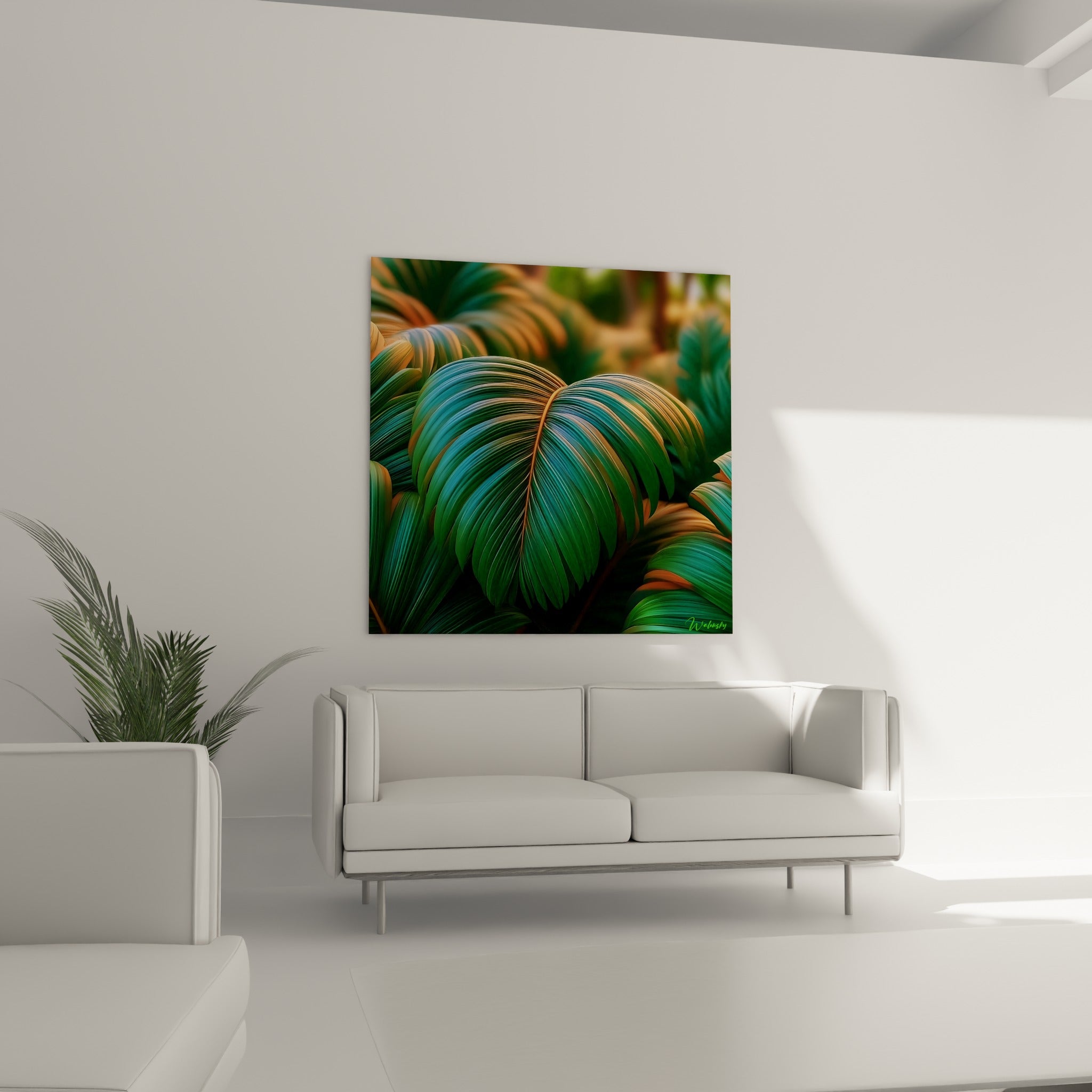 Palme verte et orangée au-dessus d'un canapé dans un salon lumineux, atmosphère végétale intense