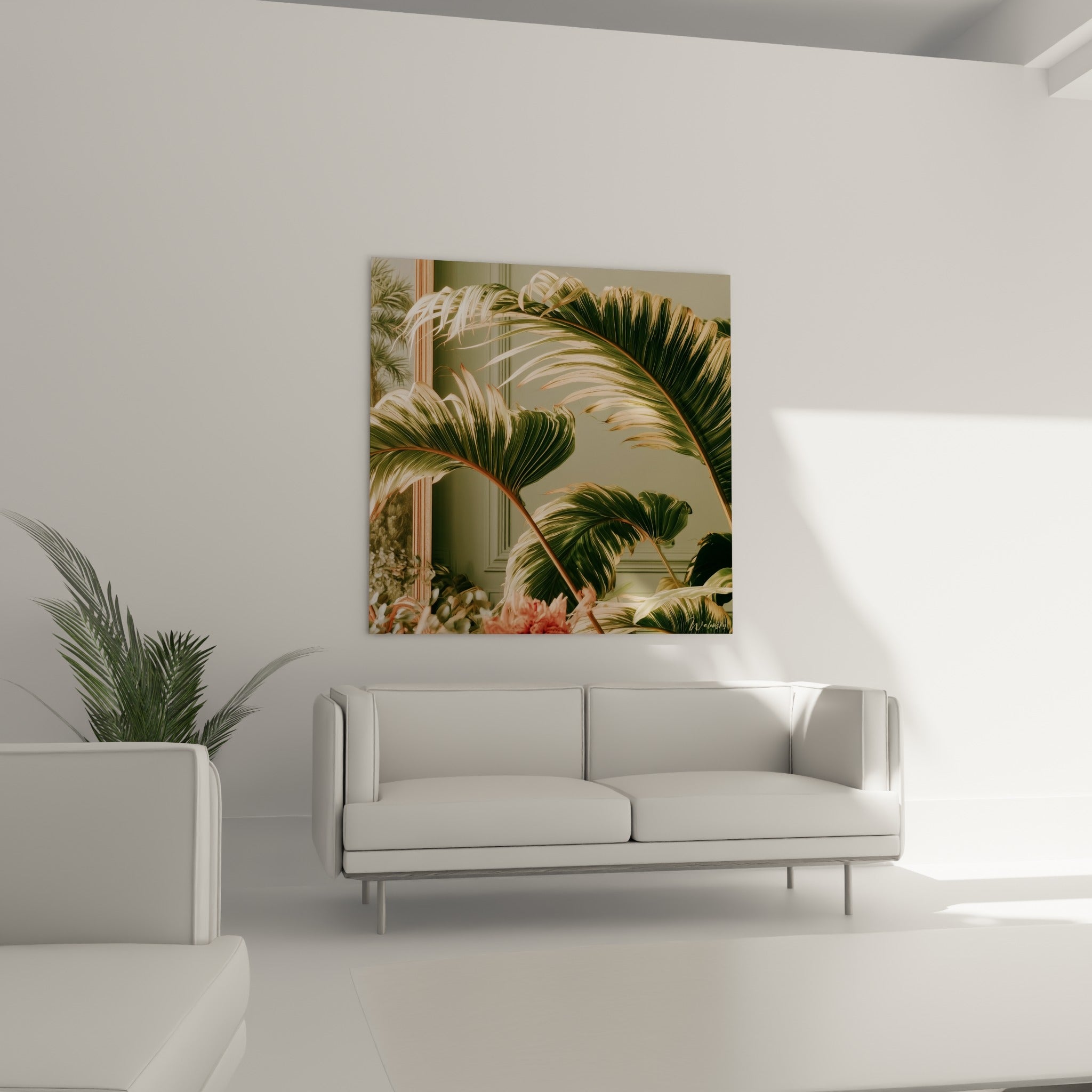 Grandes feuilles vertes et crème déployées avec grâce au-dessus d'un canapé dans un salon lumineux
