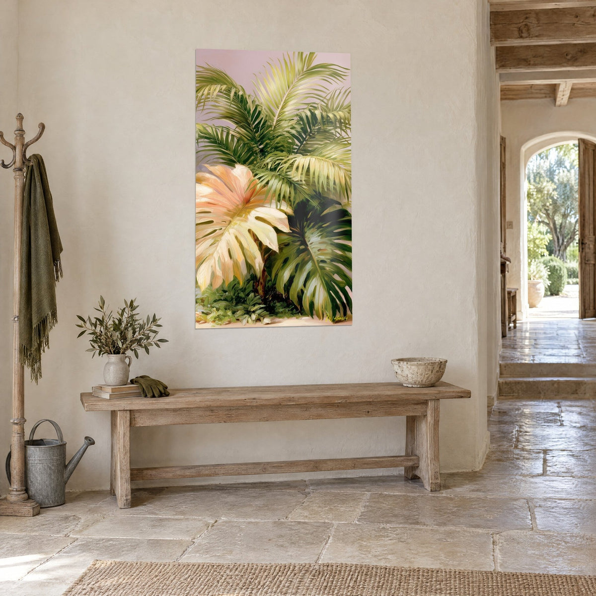 Wall art cream and salmon pink monstera foliage beneath olive green palm fronds, whitewashed wall, wooden bench, arched hallway