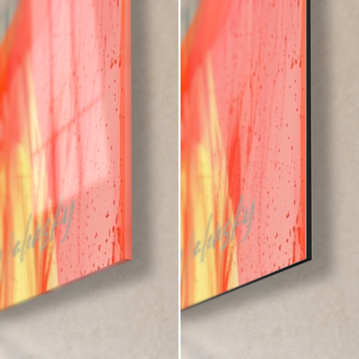 Wall art of exploding coral palm fronds, bottom right corner: glossy acrylic glass on the left, matte black aluminium Dibond with a 3 mm edge