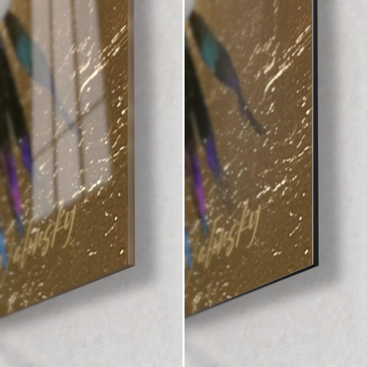 Tableau feuille de palmier, coin bas droit : verre brillant aux reflets de fenêtre, Dibond mat doré, tranche noire de 3 mm