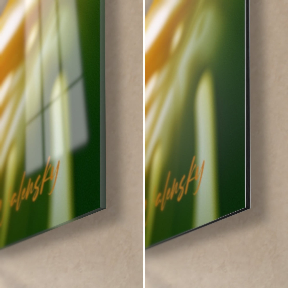 Wall art dark green and ochre palm leaf, bottom right corner: glossy glass with reflections, matt Dibond aluminum, 3 mm edge