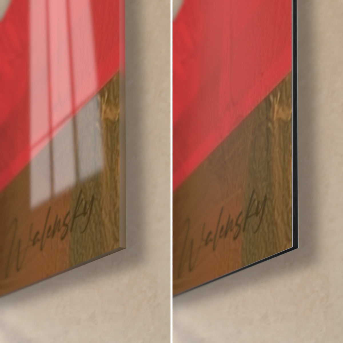 Wall art red and yellow palm leaf, bottom right corner: glossy glass with reflections, matte grey Dibond with a fine edge