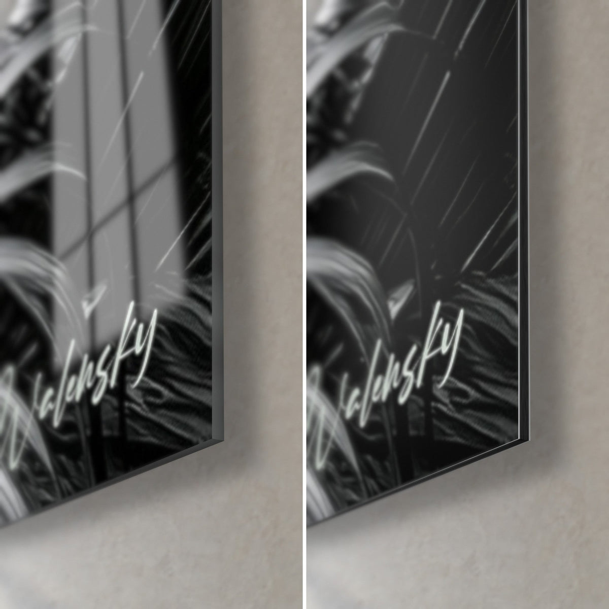 Wall art black and white palm fronds, bottom right corner: glossy acrylic glass on the left, matt grey Dibond on the right