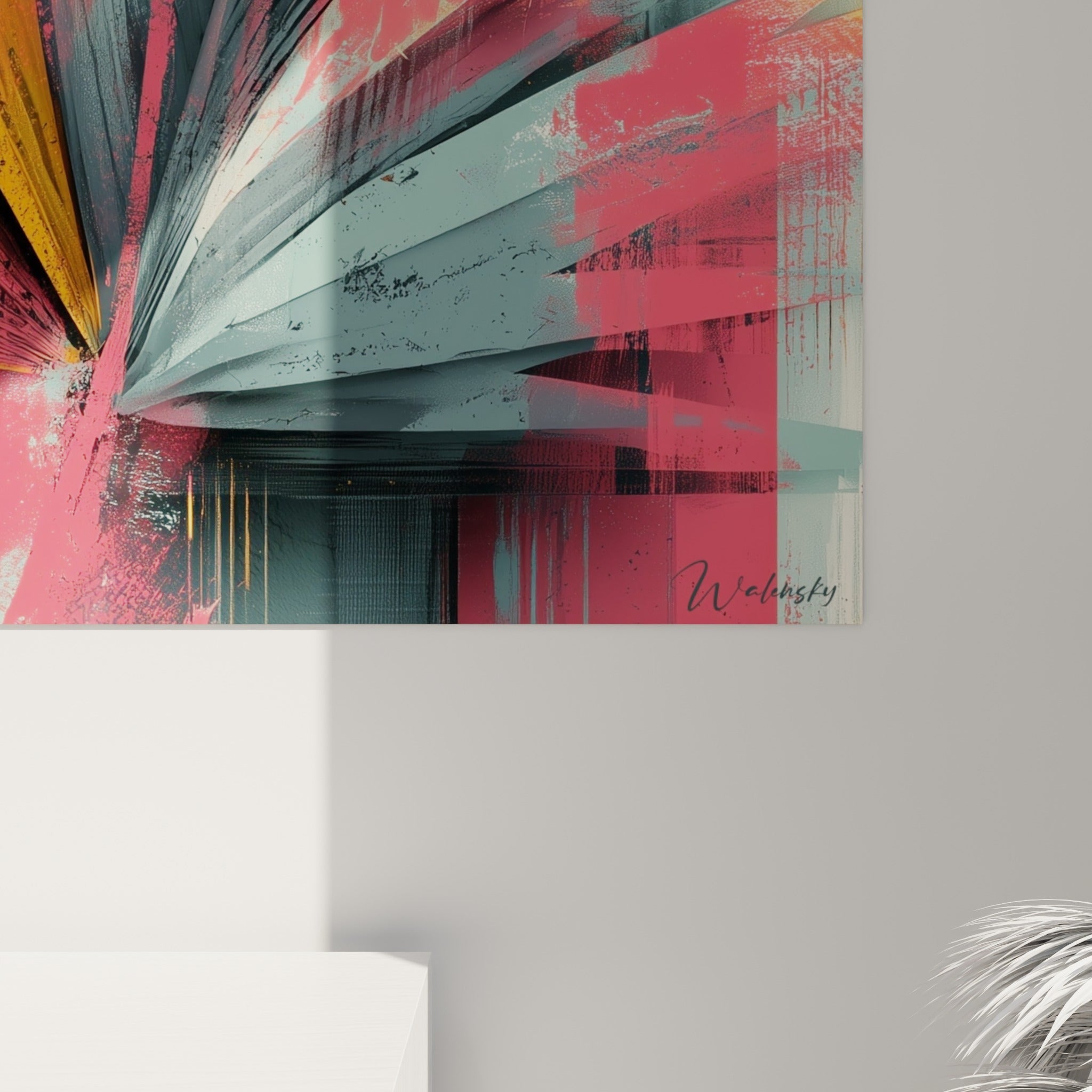Nervures peintes en orange, rose et gris anthracite avec empâtements visibles sur la toile accrochée
