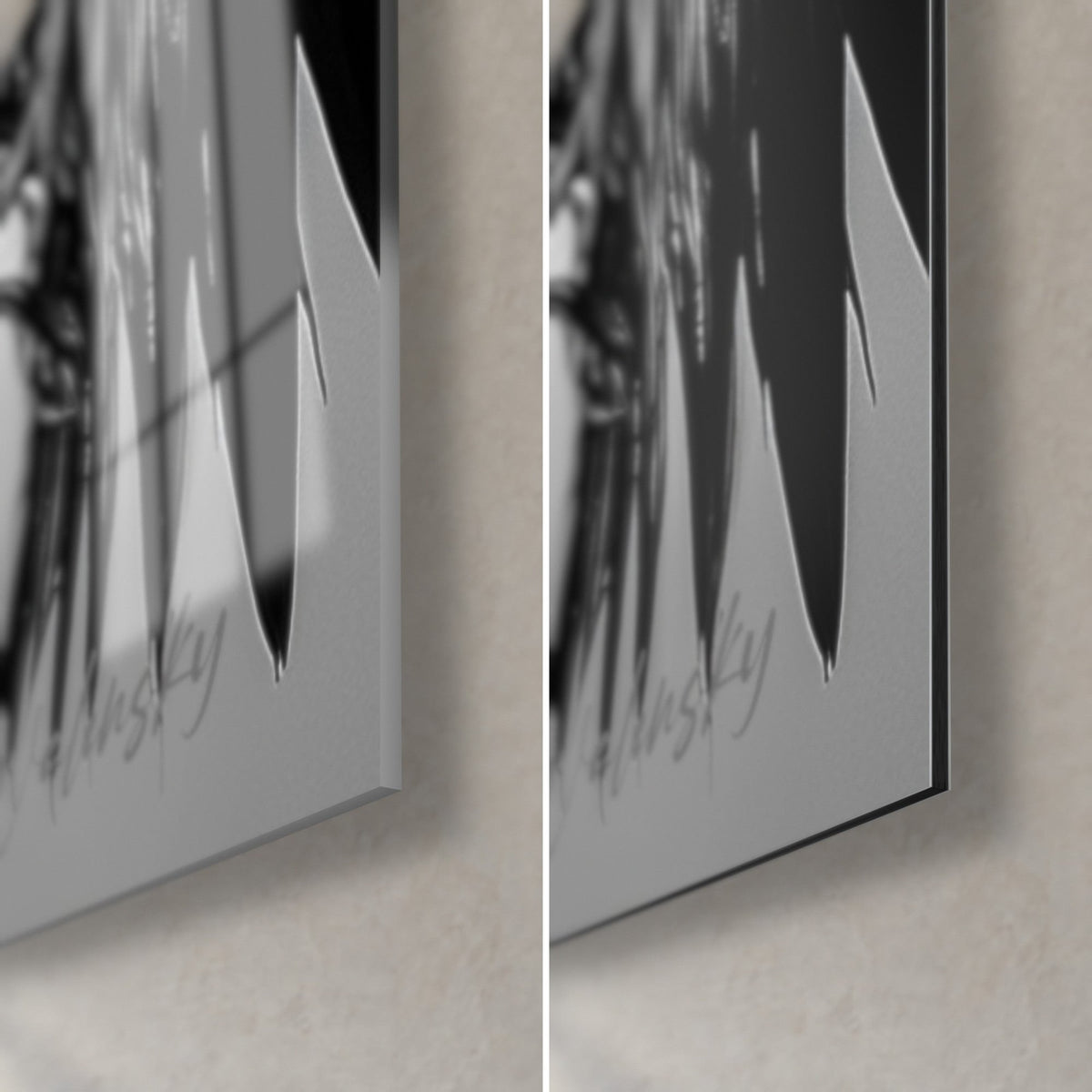 Wall art black and white palm, bottom right corner: glossy acrylic glass with reflections on the left, matte grey Dibond on the right, black edge
