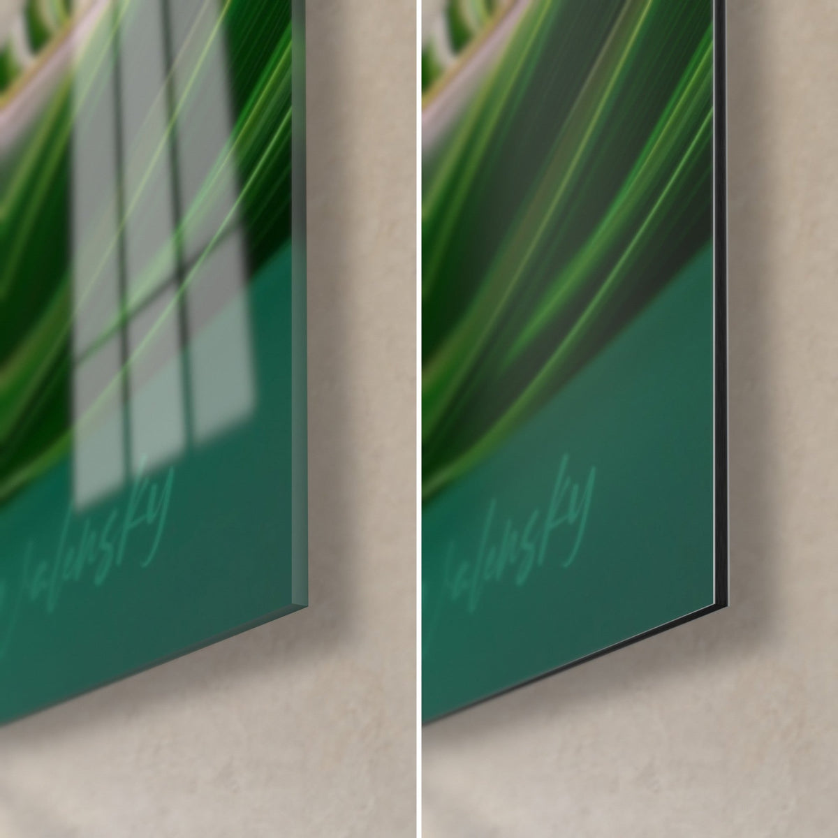 Wall art with green palm leaf in vivid green and pearly pink, bottom right corner, glossy acrylic glass reflecting a window, matte black Dibond