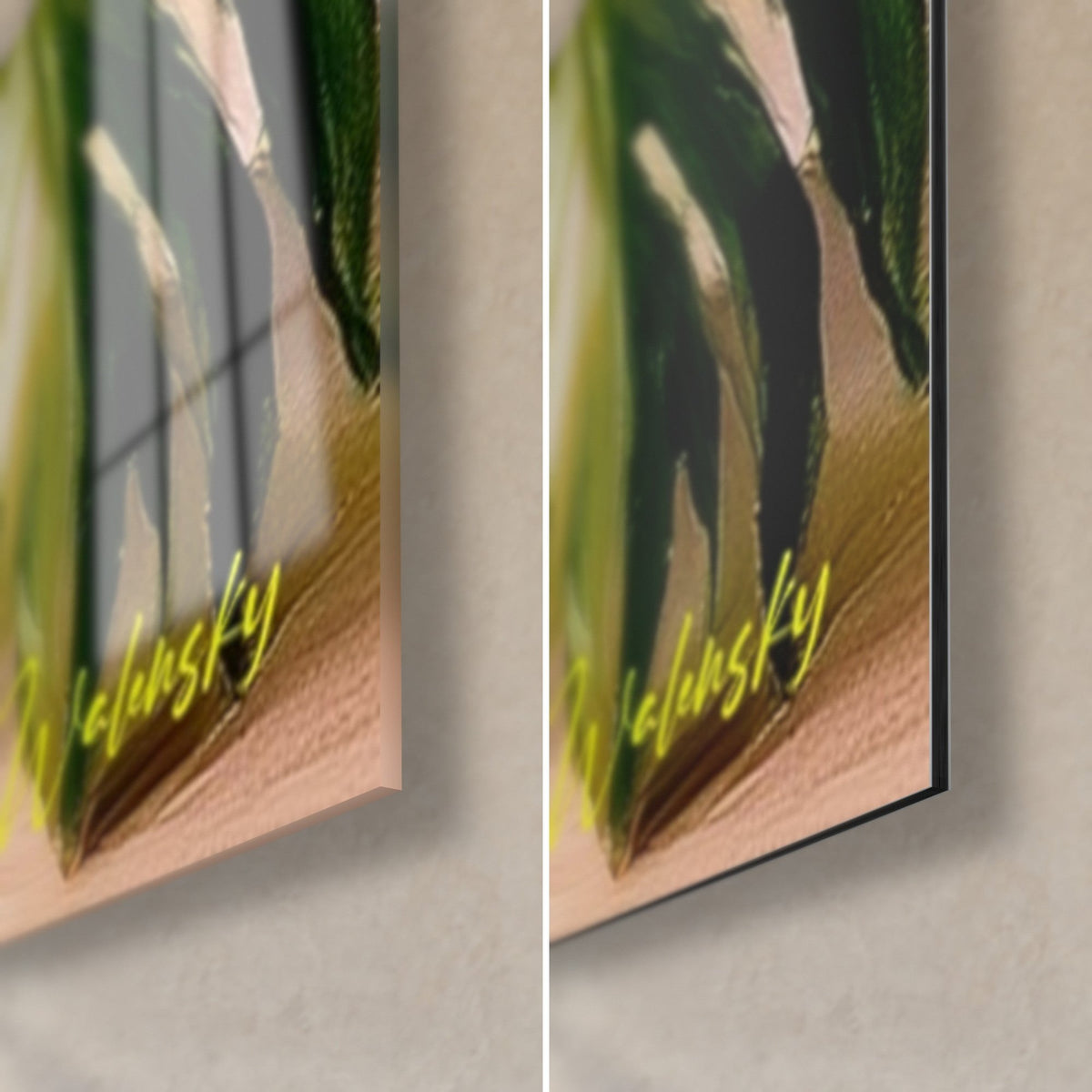 Wall art fir green palm fronds and a peach leaf, glossy acrylic glass with reflections and matte Dibond, 3 mm thick