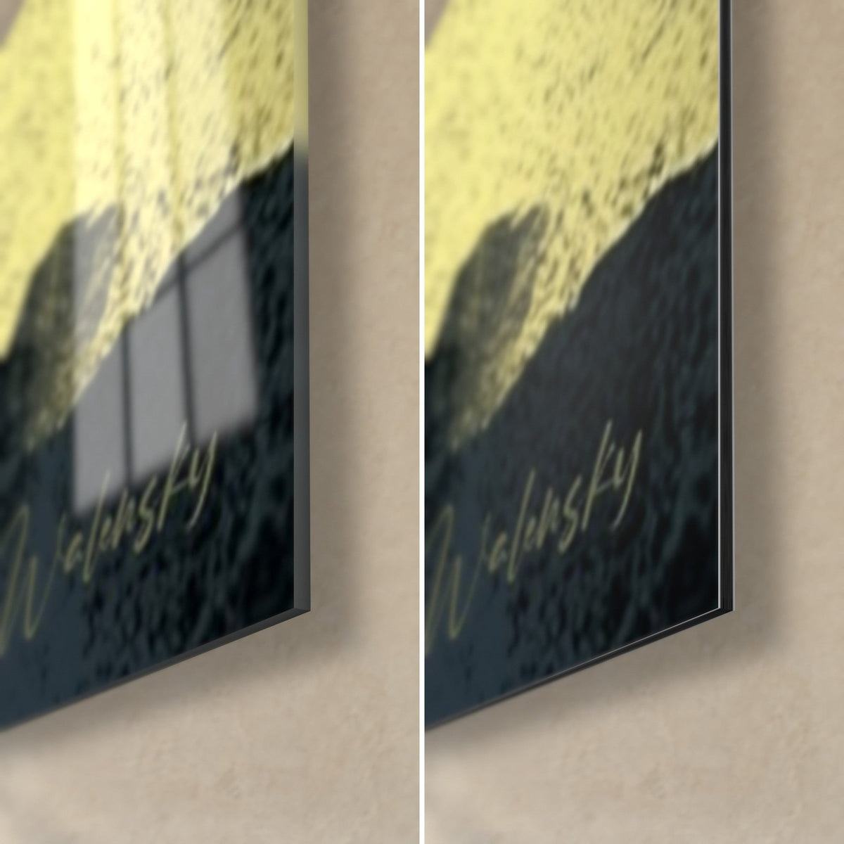 Gemälde Palmenblatt anthrazit-schwarz auf Gelb, unten rechts: glänzendes Acrylglas mit Reflexen und mattgraues Dibond, 3 mm Kante